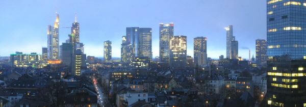 Westendblick auf Alu-Dibond: Skyline Frankfurt 100x35